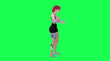 3d fully tattooed woman with red hair and short skirt playing cards front angle video