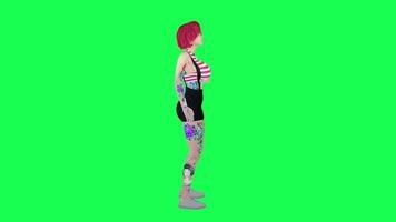 3d fully tattooed woman with red hair and short skirt drinking alcohol and video