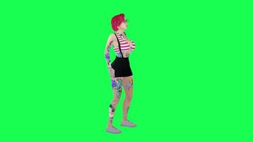 3d fully tattooed woman with red hair and short skirt drinking alcohol and video