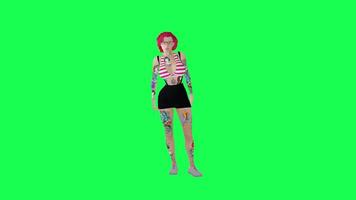 plein 3d tatoué femme avec rouge cheveux est surpris, droite angle, vert écran video