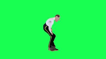 Tall thin 3d bald animated man injured in leg left angle isolated green screen video