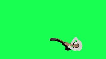 Tall skinny 3d bald animated man gets shot and falls isolated left angle green video