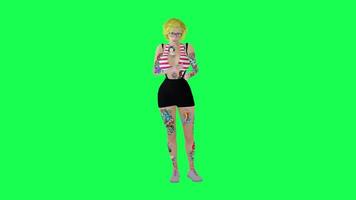 Full tattoo blonde woman texting mobile phone isolated right angle green screen video