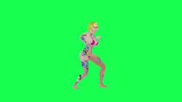Blonde tattooed woman in pink bikini dancing robot hip hop left angle, isolated, video