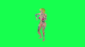 rubia tatuado mujer en rosado bikini golpecitos izquierda ángulo, aislado, verde pantalla video