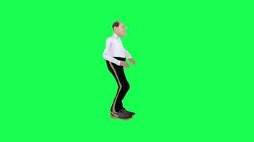 Tall thin 3d bald animated man talking suddenly looking behind him isolated left video