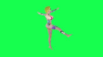 Blonde tattooed woman in pink bikini dancing and spinning left angle, isolated, video