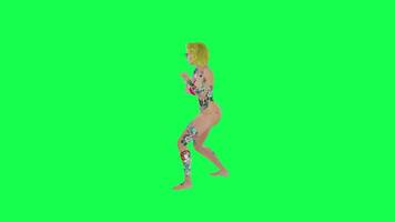 Blonde tattooed woman in pink bikini rapping front angle, isolated, green screen video