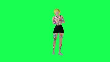 Full tattooed blonde woman in glasses waiting angrily isolated right angle green video