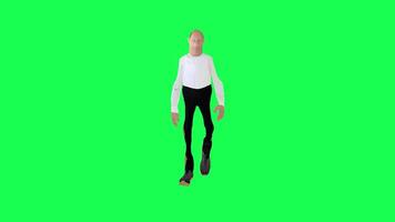 3D bald animated man walking isolated front angle green screen video