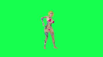 Sexy blonde tattooed woman in pink bikini dancing hip hop front angle, isolated, video