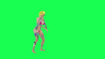 Blonde tattooed woman in pink bikini dancing robot hip hop front angle, video