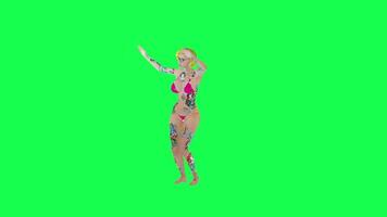 Sexy blonde tattooed woman in pink bikini dancing hip hop left angle, isolated, video