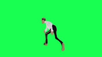 3d tall skinny bald animated man throwing stone back angle isolated green screen video