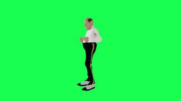 3d tall skinny bald cartoon man happy after victory right angle isolated green video