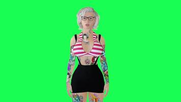 Full tattooed woman in red white top and short skirt doing exercise front angle video