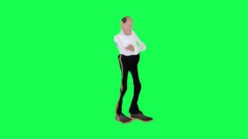 Tall skinny 3d bald animated man waiting angrily left angle isolated green video