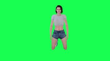 Slim woman in green screen with white skin and make-up face and short and sloppy video