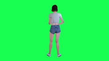 Slim woman in green screen with white skin and make-up face and short and sloppy video