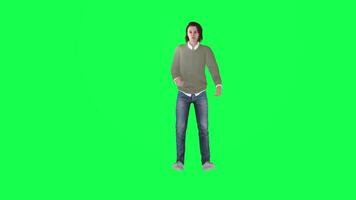 A girl with a normal body and a tall height in the green screen with light and w video