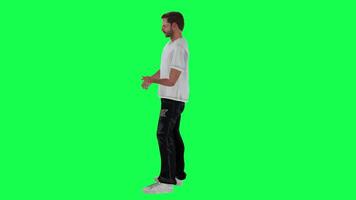 Slim criminal man in green screen with white t-shirt and black pants, torn white video