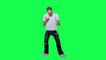 Slim criminal man in green screen with white t-shirt and black pants, white torn video