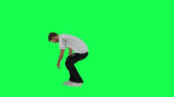 A thin criminal man in green screen with white t-shirt and black pants, white to video