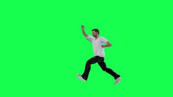 A thin male criminal on the green screen with a white t-shirt and black pants, t video