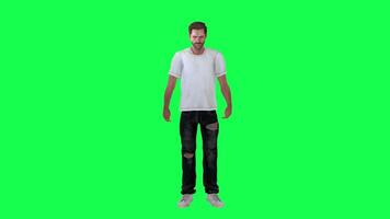 A slim male criminal in a green screen with a white t-shirt and black pants, tor video