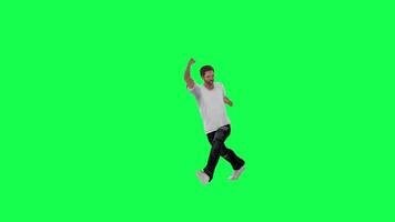 A thin male criminal on the green screen with a white t-shirt and black pants, t video