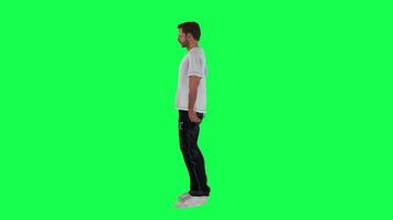 Slim criminal man in green screen with white t-shirt and black pants, white torn video