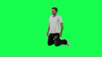 en tunn kriminell man i grön skärm med en vit t-shirt och svart byxor, whi video