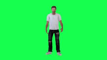 Slim criminal man in green screen with white t-shirt and black pants, torn white video