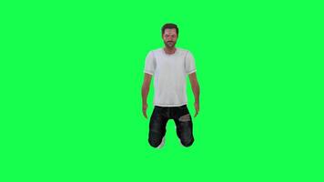 A thin male criminal in green screen with white t-shirt and black trousers, whit video