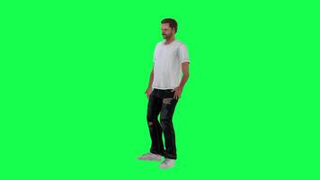 Slim criminal man in green screen with white t-shirt and black pants, torn white video