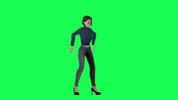 en flicka med en tunn kropp och sporter barbie i grön skärm med lång höjd och en video