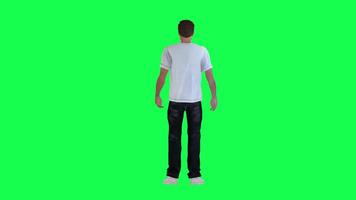 A slim male criminal in a green screen with a white t-shirt and black pants, tor video