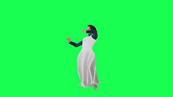 A girl with a slim figure on the green screen wearing a long navy blue stein dre video