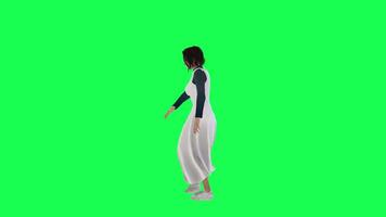 A girl with a thin figure on the green screen wearing a long navy dress and a wh video