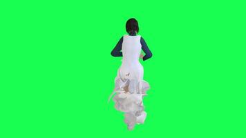 A girl with a slim figure on the green screen wearing a long navy blue stein dre video