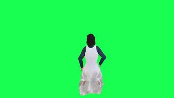 A girl with a slim figure on the green screen wearing a long navy dress and a wh video