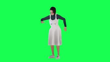 A girl with a slim figure on the green screen wearing a long navy blue stein dre video