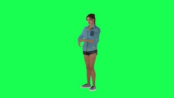 A woman with wheat skin and medium and normal body in the green screen with a lo video