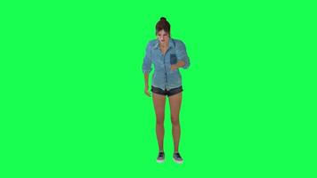 A woman with wheat skin and medium and normal body in the green screen with a lo video