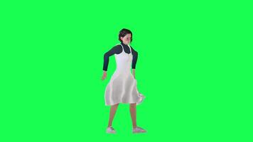 A girl with a thin figure on the green screen wearing a long navy blue stein dre video