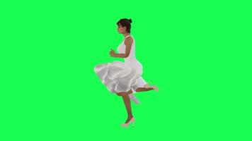 A tall woman with brown skin in a green screen with a long white sarong and whit video