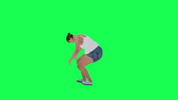 A fat woman with a big body in a green screen with a white swing and blue leo sh video