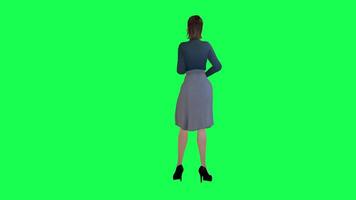 Slim woman with a big body in green screen with a long stein dress with a navy t video