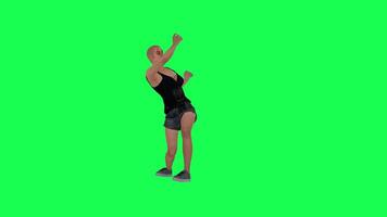 A thin woman in a green screen without hair, with a scarred face and body, dark video