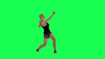 A thin woman in a green screen with no hair, with a scarred face and body, dark video